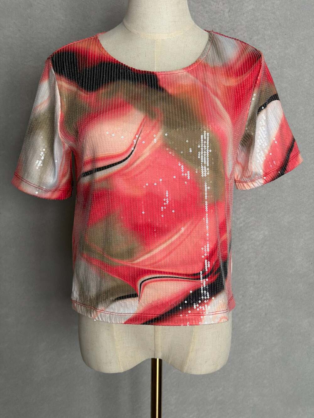 DKNY Sequin Top Short Sleeve Round Neck in Brushed Marble Women's Small NEW